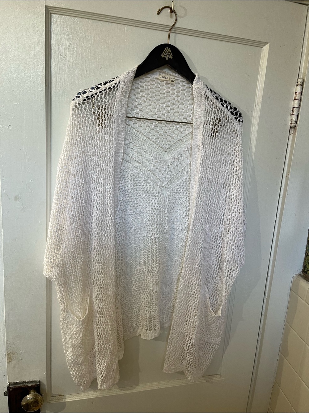 IJOAH White Crochet Knit Cardigan Open Front Kimono Sweater Swim Cover Up OS EUC